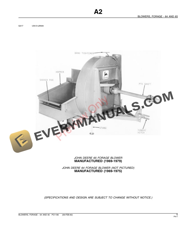 John Deere 64 65 Forage Blowers Parts Catalog PC1196 09FEB82 3