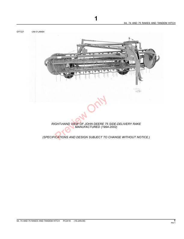 John Deere 64, 74, 75 Rakes and Tandem Hitch Parts Catalog PC2418 09MAY11-3