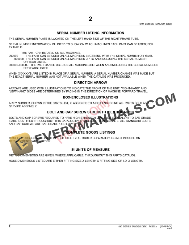 John Deere 640 Series Tandem Disk Parts Catalog PC2253 10JUN11-4