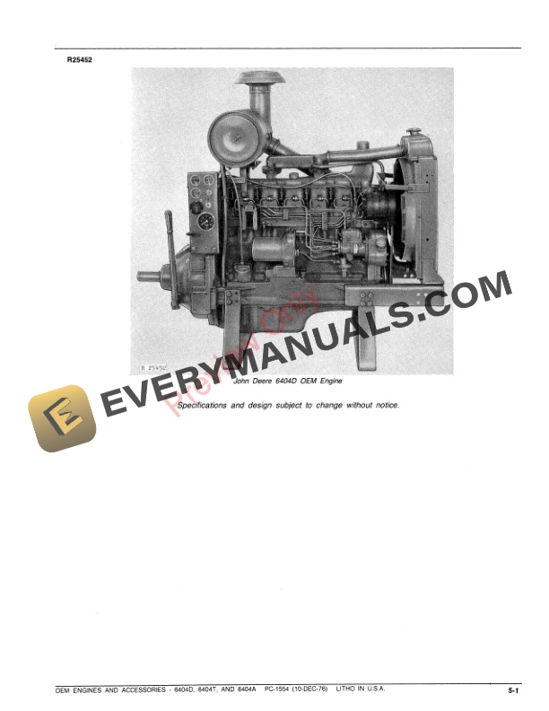 John Deere 6404D, 6404T, 6404A OEM Engines and Accessories Parts Catalog PC1554 10DEC76 4 John Deere 6404D, 6404T, 6404A OEM Engines and Accessories Parts Catalog PC1554 10DEC76-3