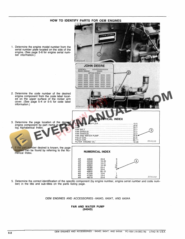 John Deere 6404D, 6404T, 6404A OEM Engines and Accessories Parts Catalog PC1554 10DEC76 5 John Deere 6404D, 6404T, 6404A OEM Engines and Accessories Parts Catalog PC1554 10DEC76-4