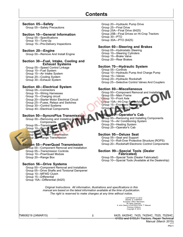 John Deere 6425 6425HC 7425 7425HC 7525 7525HC 6155J and 6155JH Tractors Repair Technical Manual TM608219 24MAR15 3