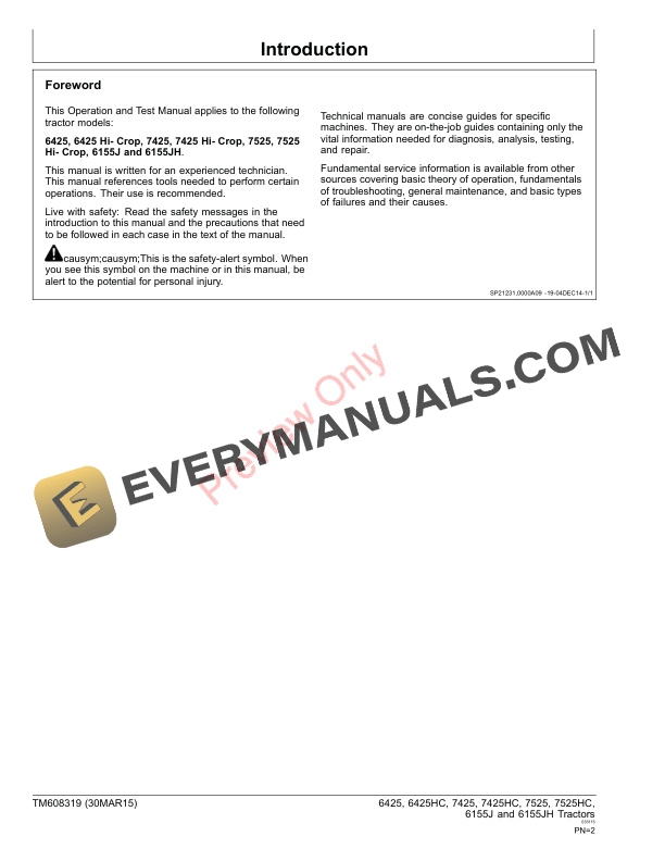 John Deere 6425 6425HC 7425 7425HC 7525 7525HC 6155J and 6155JH Tractors Service Information TM608319 30MAR15 2