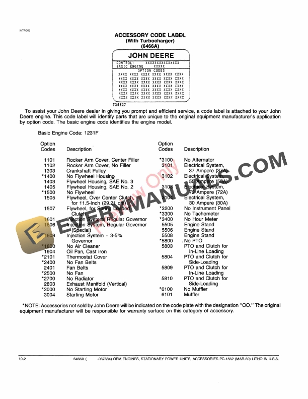 John Deere 6466A (-067684) OEM Engines, Stationary Power Units, Accessories Parts Catalog PC1562 28FEB80-4