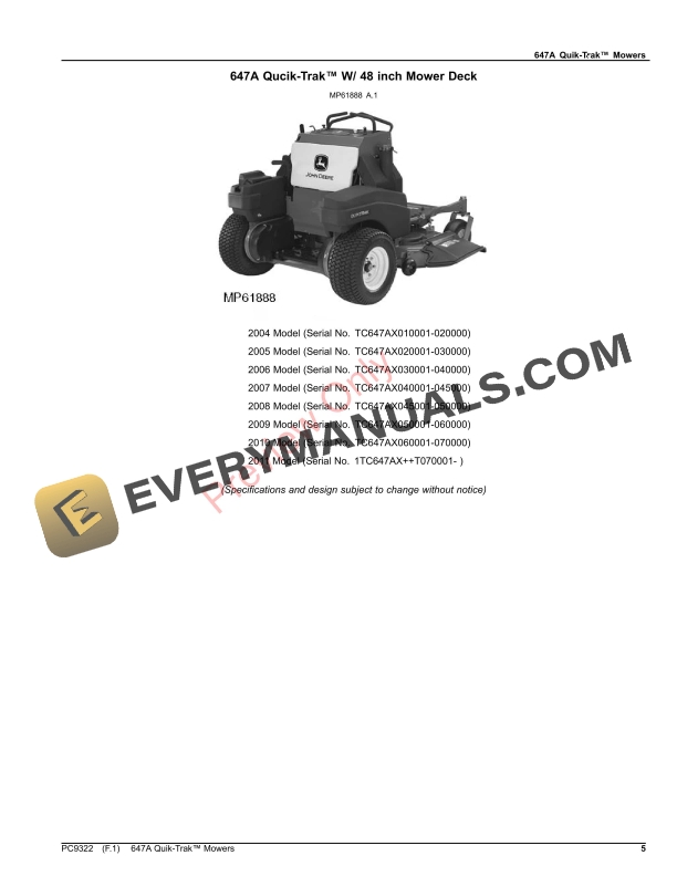 John Deere 647A QUIK-TRAK MOWER Parts Catalog PC9322 10SEP26-5