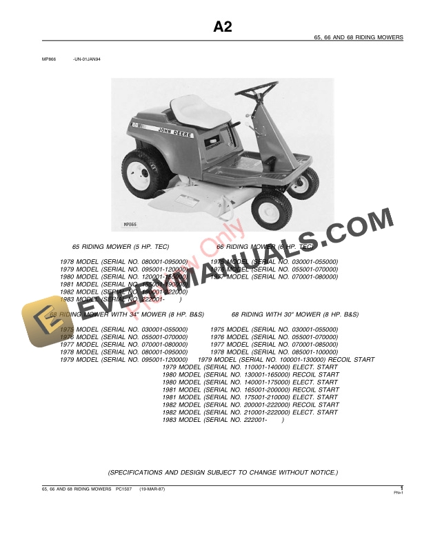 John Deere 65, 66, 68 Riding Mowers Parts Catalog PC1507 23SEP93 4 John Deere 65, 66, 68 Riding Mowers Parts Catalog PC1507 23SEP93-3
