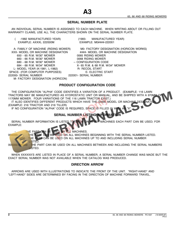 John Deere 65, 66, 68 Riding Mowers Parts Catalog PC1507 23SEP93 5 John Deere 65, 66, 68 Riding Mowers Parts Catalog PC1507 23SEP93-4