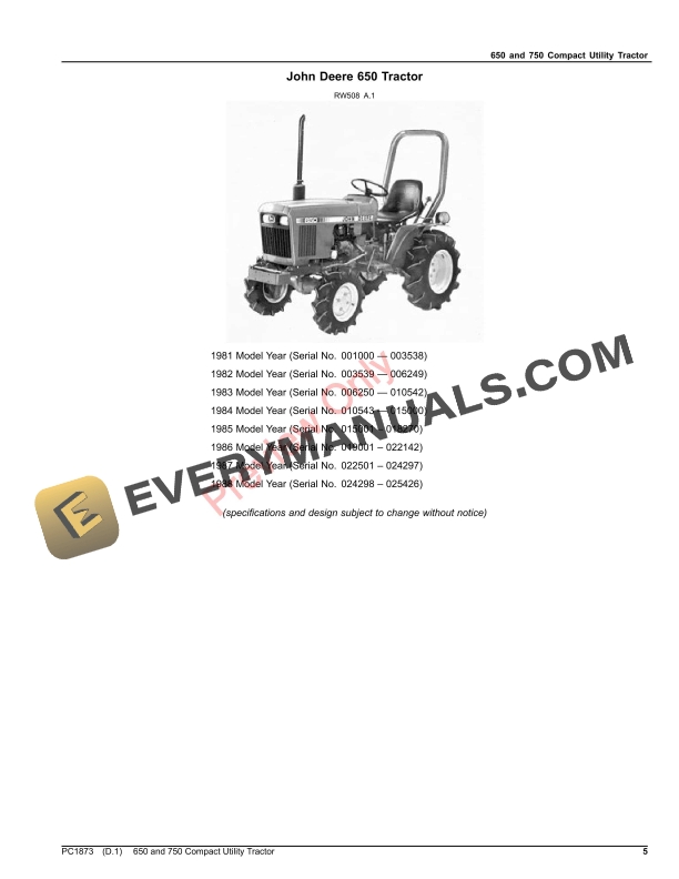 John Deere 650 AND 750 TRACTORS Parts Catalog PC1873 03OCT22-5