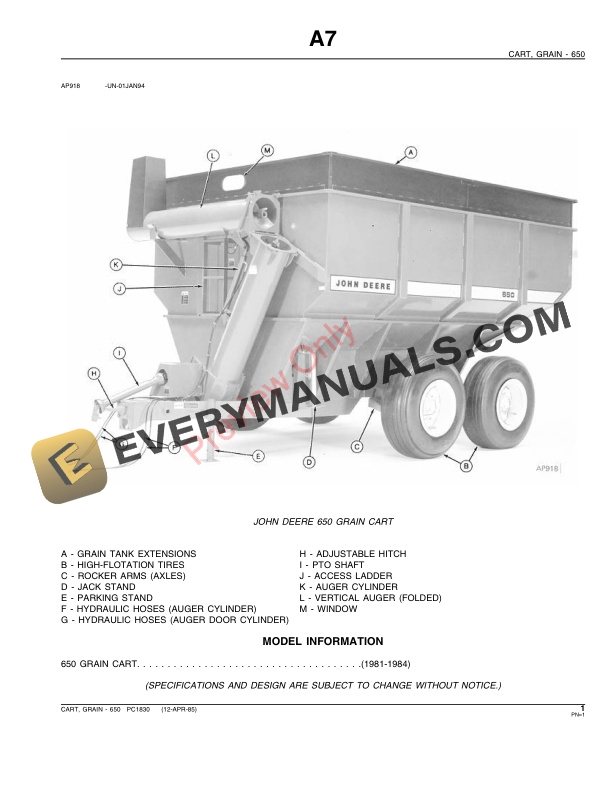John Deere 650 Grain Cart Parts Catalog PC1830 14OCT86-3