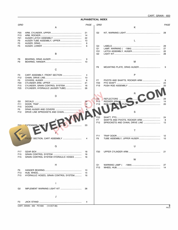 John Deere 650 Grain Cart Parts Catalog PC1830 14OCT86-5
