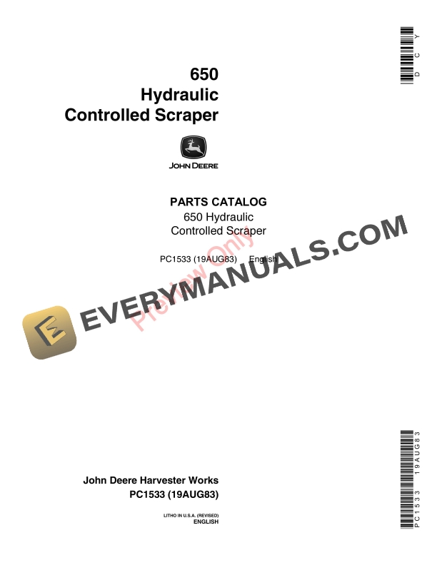 John Deere 650 Hydraulic Controlled Scraper Parts Catalog PC1533 19AUG83-1