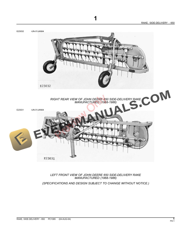 John Deere 650 Side Delivery Rake Parts Catalog PC1095 09MAY11 3