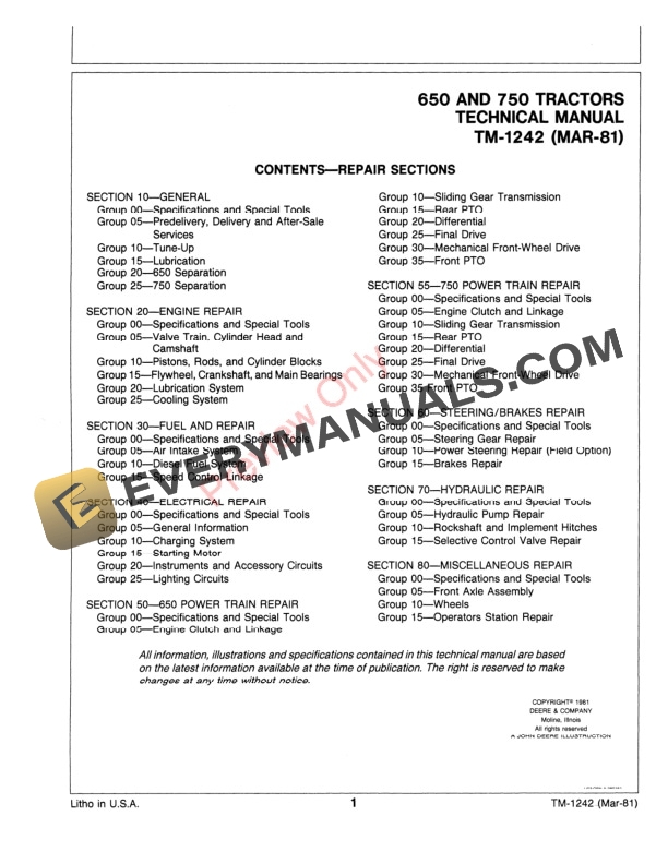 John Deere 650 and 750 Utility Tractor Technical Manual TM1242 01SEP84 3