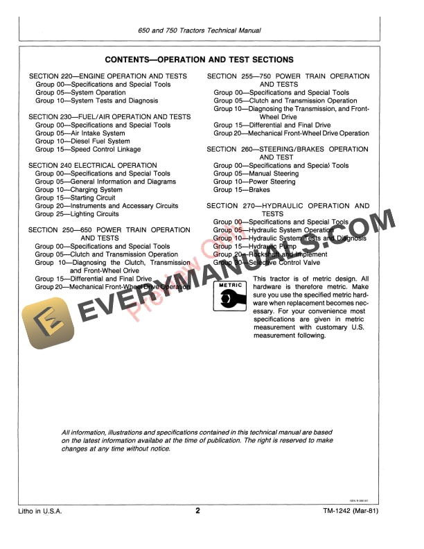 John Deere 650 and 750 Utility Tractor Technical Manual TM1242 01SEP84 4