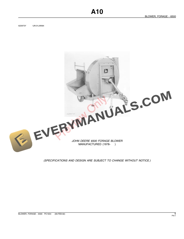 John Deere 6500 Forage Blower Parts Catalog PC1654 09FEB82-3