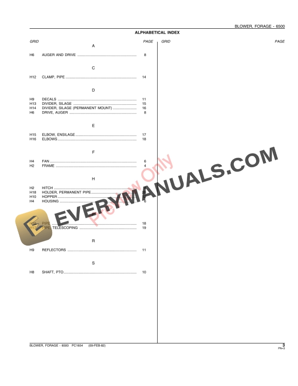 John Deere 6500 Forage Blower Parts Catalog PC1654 09FEB82-5