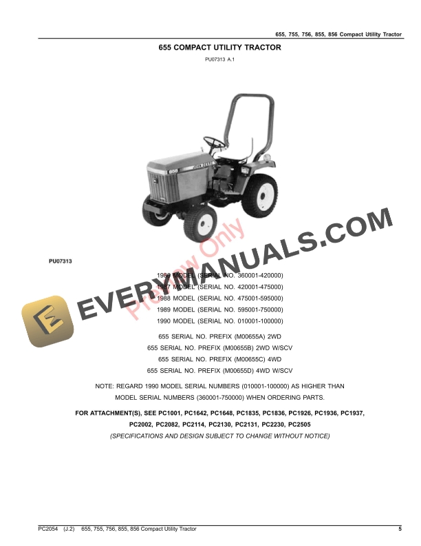 John Deere 655, 755, 756, 855 AND 856 COMPACT UTILITY TRACTORS Parts Catalog PC2054 10SEP23 6 John Deere 655, 755, 756, 855 AND 856 COMPACT UTILITY TRACTORS Parts Catalog PC2054 10SEP23-5