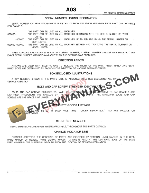 John Deere 655 Central Metering Seeder Parts Catalog PC1949 11JAN88-4