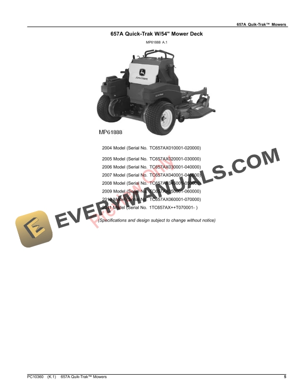 John Deere 657A QUIK TRAK MOWER Parts Catalog PC10360 05APR22 5