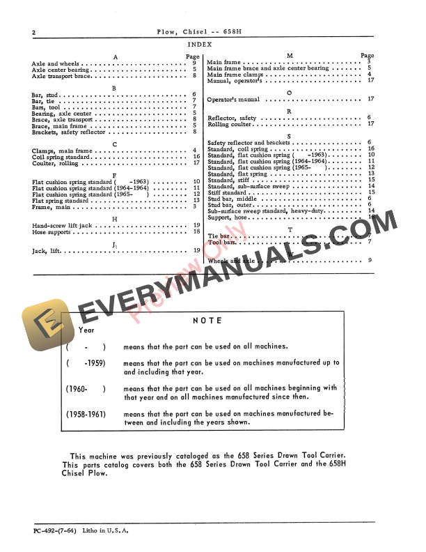 John Deere 658H Chisel Plow Parts Catalog PC492 01JUL64-4