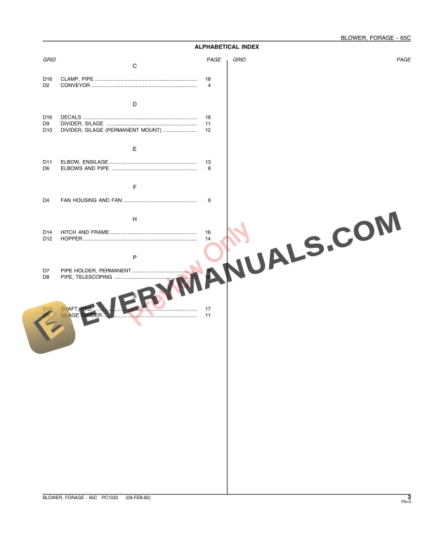 John Deere 65C Forage Blower Parts Catalog PC1333 09FEB82-5