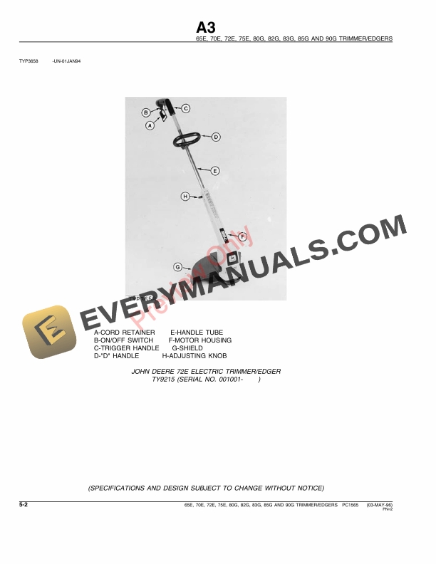 John Deere 65E, 70E, 72E, 75E, 80G, 82G, 83G, 85G, 90G Trimmers Parts Catalog PC1565 03MAY96-4