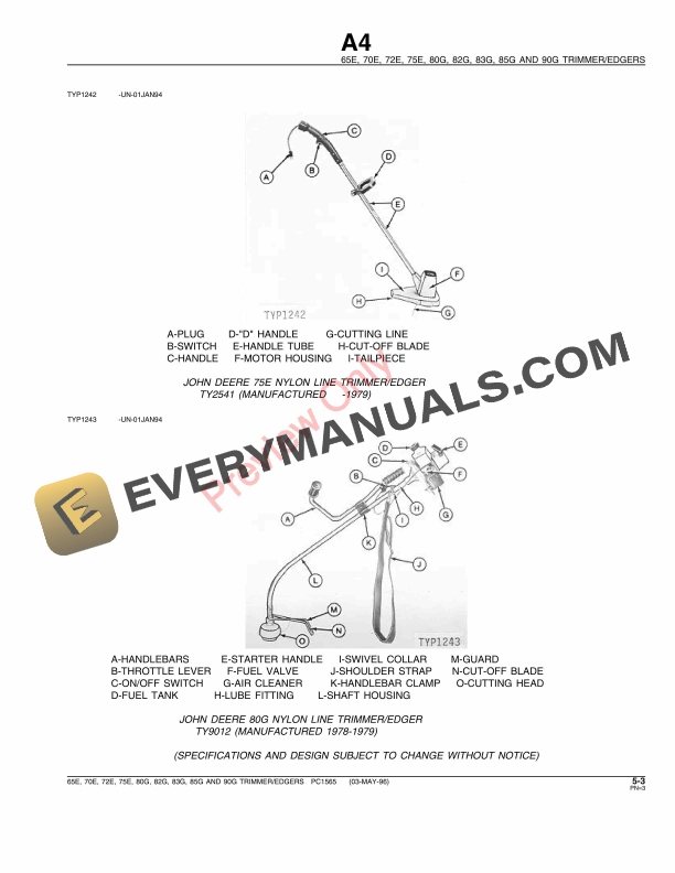 John Deere 65E, 70E, 72E, 75E, 80G, 82G, 83G, 85G, 90G Trimmers Parts Catalog PC1565 03MAY96-5