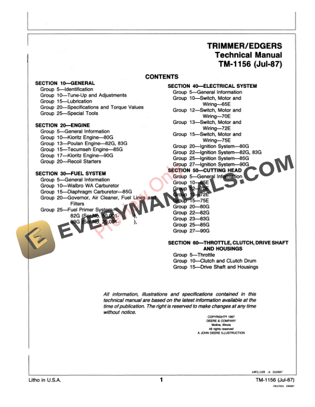 John Deere 65E 70E 75E 80G 82G 83G 85G 90G TY2541 TY2542 Trimmers Technical Manual TM1156 01JUL87 3