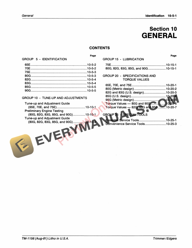 John Deere 65E 70E 75E 80G 82G 83G 85G 90G TY2541 TY2542 Trimmers Technical Manual TM1156 01JUL87 5