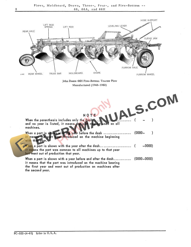 John Deere 66, 66A, 66H Drawn Moldboard Plows Parts Catalog PC322 01APR61-4
