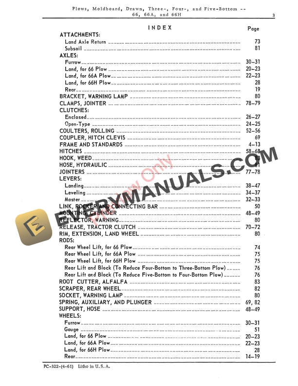 John Deere 66, 66A, 66H Drawn Moldboard Plows Parts Catalog PC322 01APR61-5