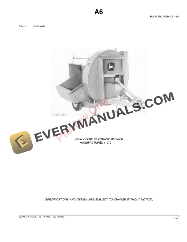 John Deere 66 Forage Blower Parts Catalog PC1332 09FEB82-3