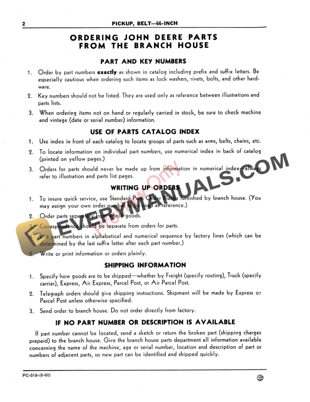 John Deere 66-Inch Belt Pickup for 30, 40 Combines Parts Catalog PC518 01JUN60 5 John Deere 66-Inch Belt Pickup for 30, 40 Combines Parts Catalog PC518 01JUN60-4