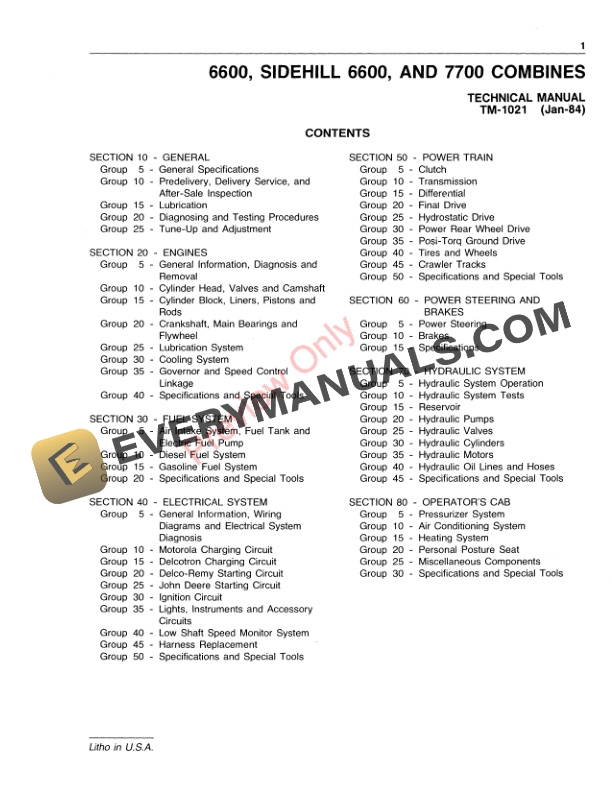 John Deere 6600 6620SH 7700 Combines Technical Manual TM1021 10JAN84 3