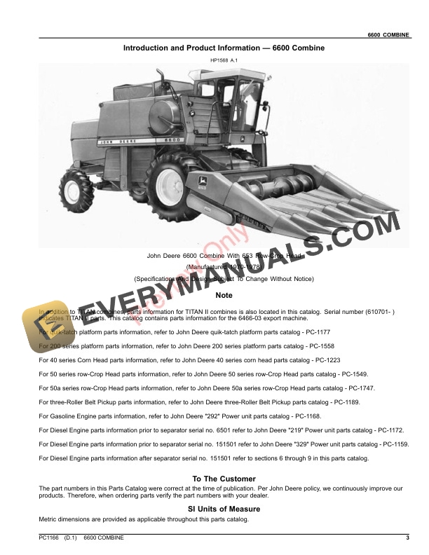 John Deere 6600 COMBINE Parts Catalog PC1166 25JUL22 3