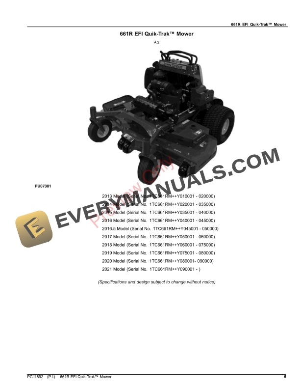 John Deere 661R EFI Quik Trak Mower Parts Catalog PC11892 12NOV23 5