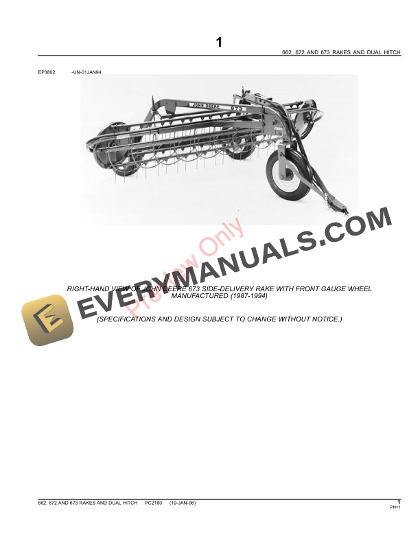 John Deere 662, 672, 673 Rakes and Dual Hitch Parts Catalog PC2160 09MAY11-3