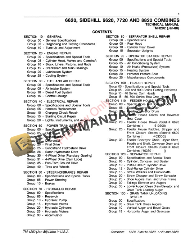 John Deere 6620 Sidehill 6620 7720 8820 Combines Technical Manual TM1202 01JAN88 3