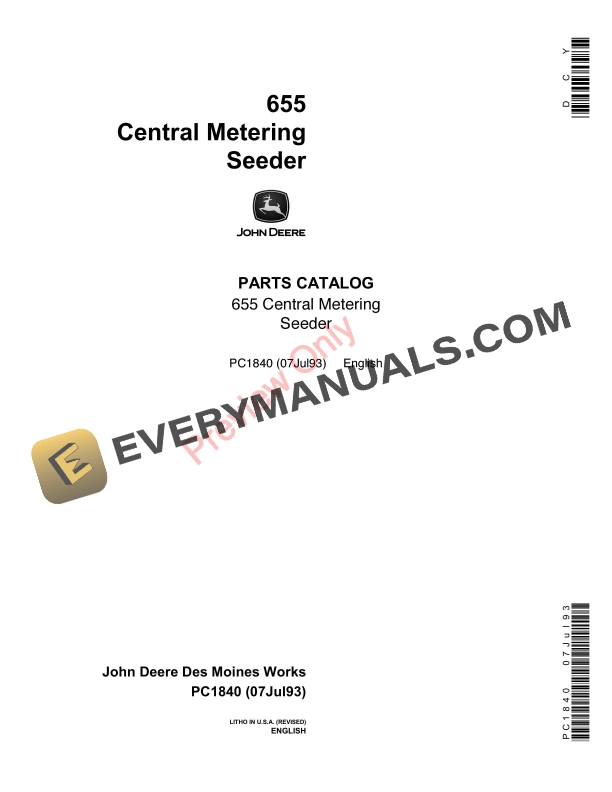 John Deere 665 Central Metering Seeder Parts Catalog PC1840 07JUL93-1