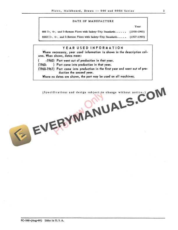 John Deere 666 Moldboard Plow, Drawn Parts Catalog PC560 01AUG66-5