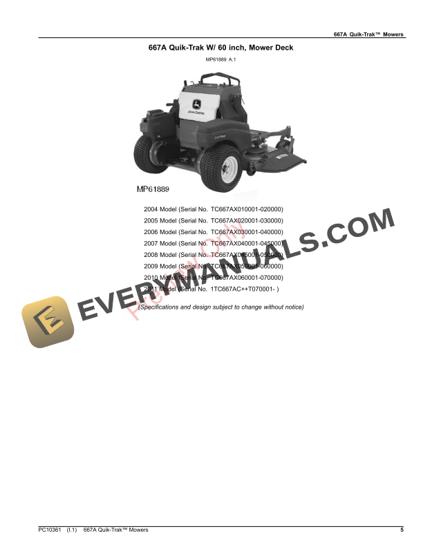 John Deere 667A QUIK TRAK MOWER Parts Catalog PC10361 21NOV23 5