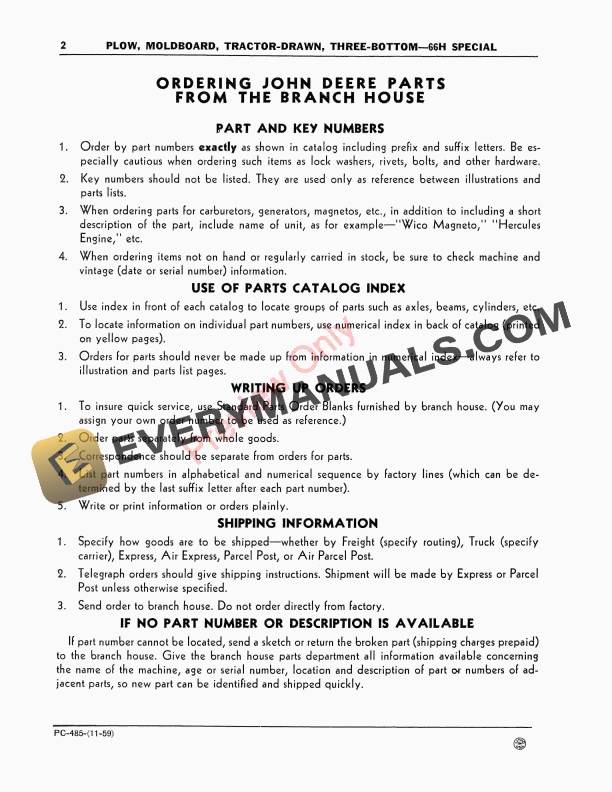 John Deere 66H Moldboard Plow, Drawn, Three-Bottom Parts Catalog PC485 01NOV59-4