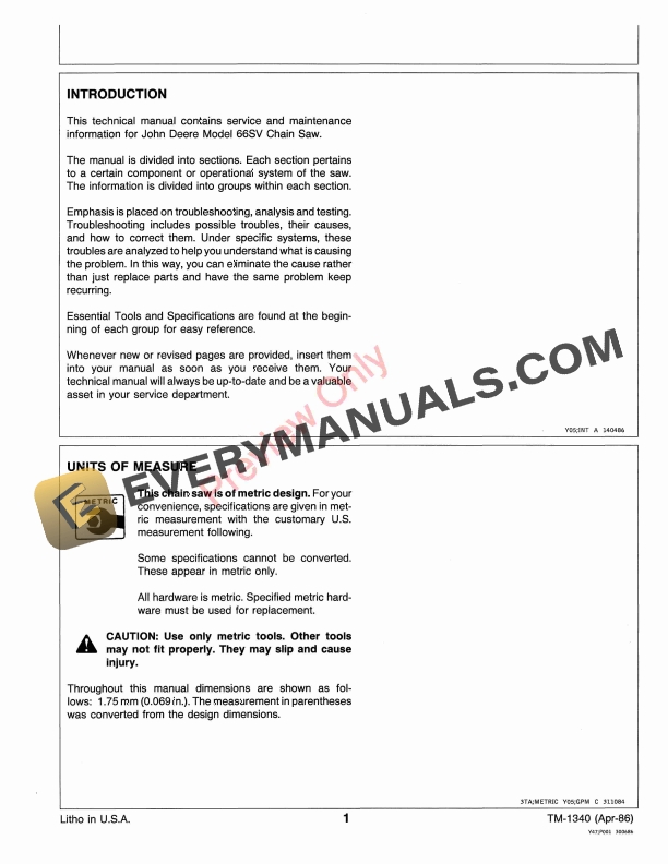 John Deere 66SV CHAIN SAW Technical Manual TM1340 01APR86 5