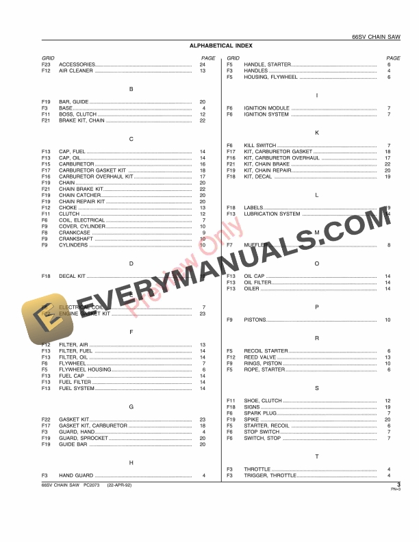 John Deere 66SV Chain Saws Parts Catalog PC2073 22APR92-5