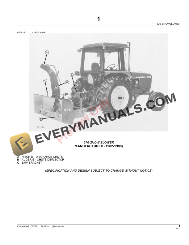 John Deere 676 Snow Blower Parts Catalog PC1920 02JUN11-3