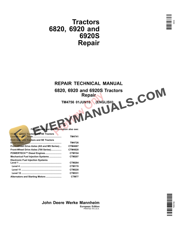 John Deere 6820, 6920 and 6920S Tractors Repair Technical Manual TM4756 01JUN10-1