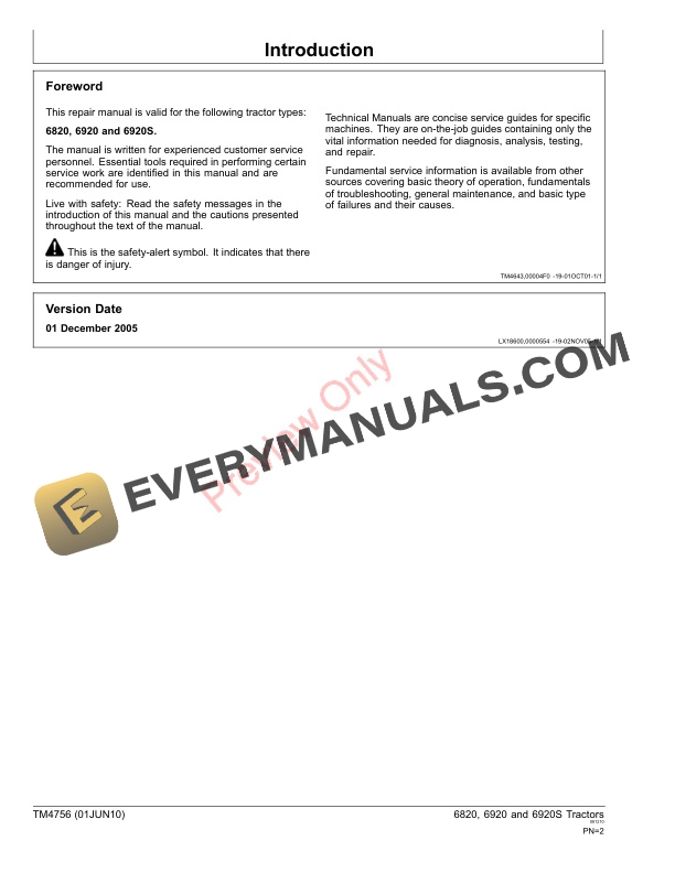 John Deere 6820 6920 and 6920S Tractors Repair Technical Manual TM4756 01JUN10 2