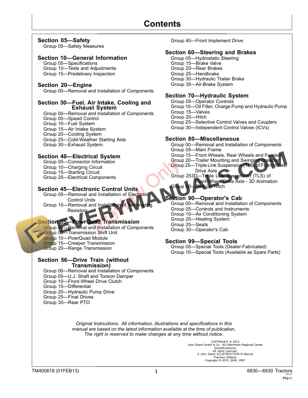 John Deere 6830 6930 Tractor Repair Technical Manual TM400619 01FEB13 3
