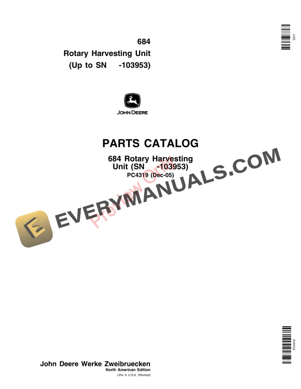 John Deere 684 (-103953) Rotary Harvesting Unit Parts Catalog PC4319 02DEC05-1