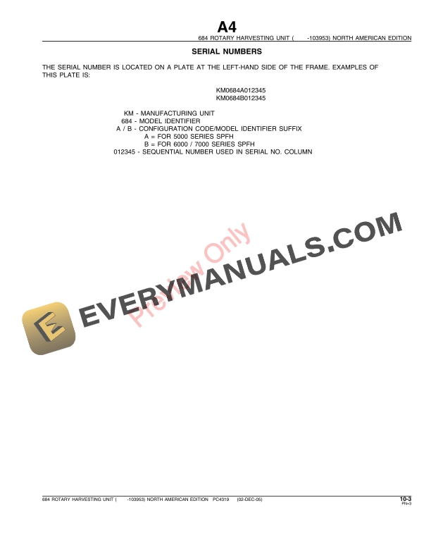 John Deere 684 (-103953) Rotary Harvesting Unit Parts Catalog PC4319 02DEC05-5